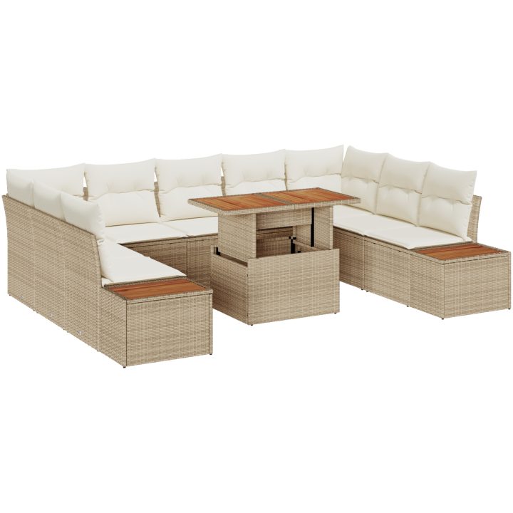 10-delars trädgårdsmöbler med kuddar i beige polyrotang och akacia vidaXL 100 x 55 x 73 cm – bild 2