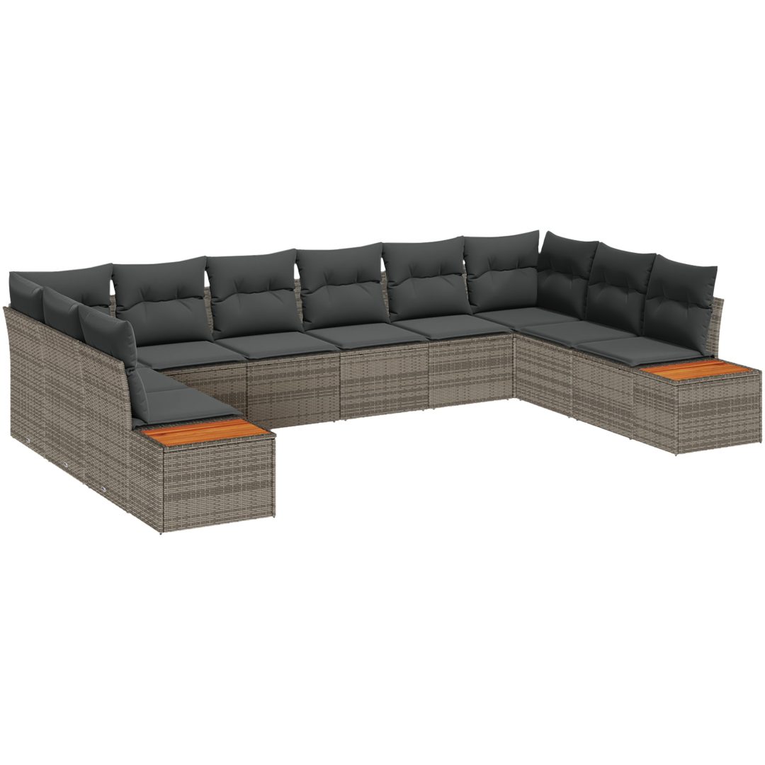 10-delars trädgårdsofa set med kuddar grå poly rattan akacia vidaXL 344 x 209 x 69 cm – bild 2