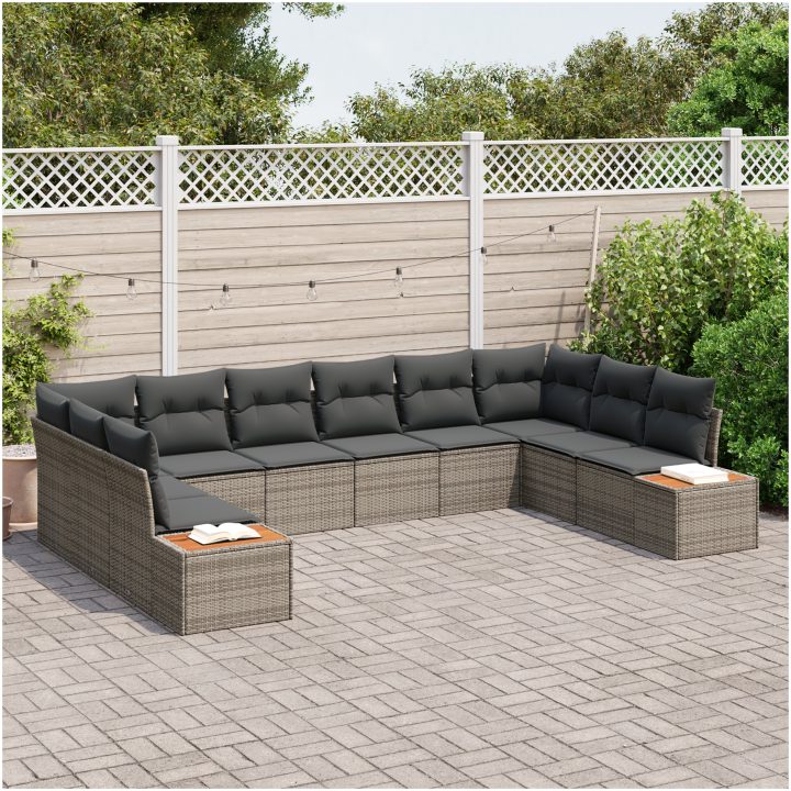 10-delars trädgårdsofa set med kuddar grå poly rattan akacia vidaXL 344 x 209 x 69 cm – bild 3