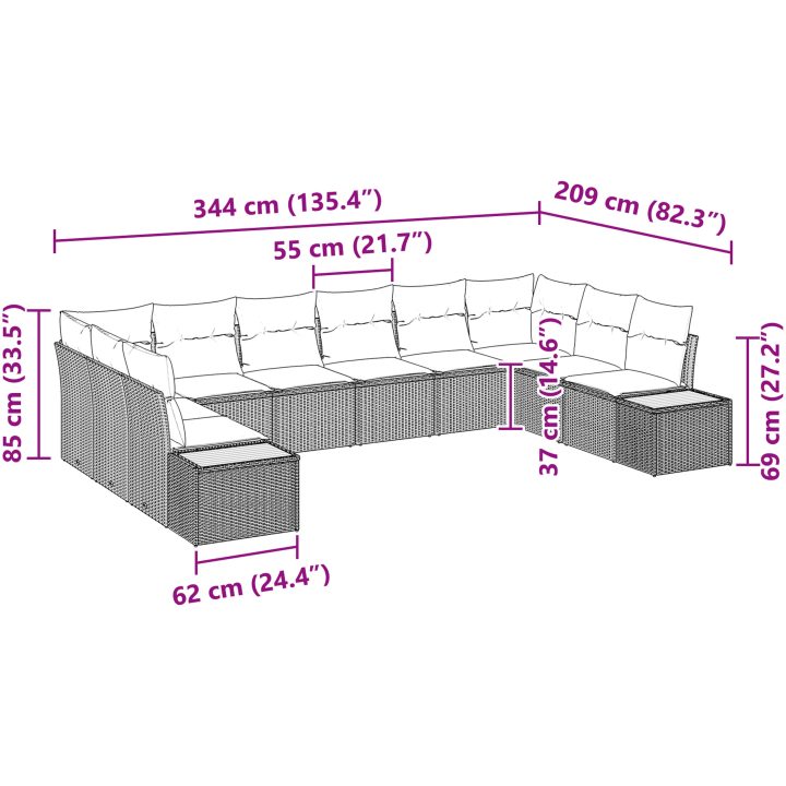 10-delars trädgårdsofa set med kuddar grå poly rattan akacia vidaXL 344 x 209 x 69 cm – bild 8