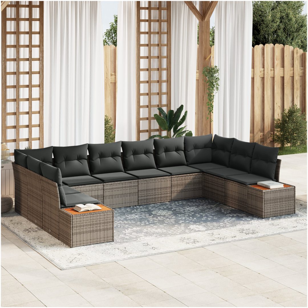 10-delars trädgårdsofa set med kuddar grå poly rattan akacia vidaXL 344 x 209 x 69 cm