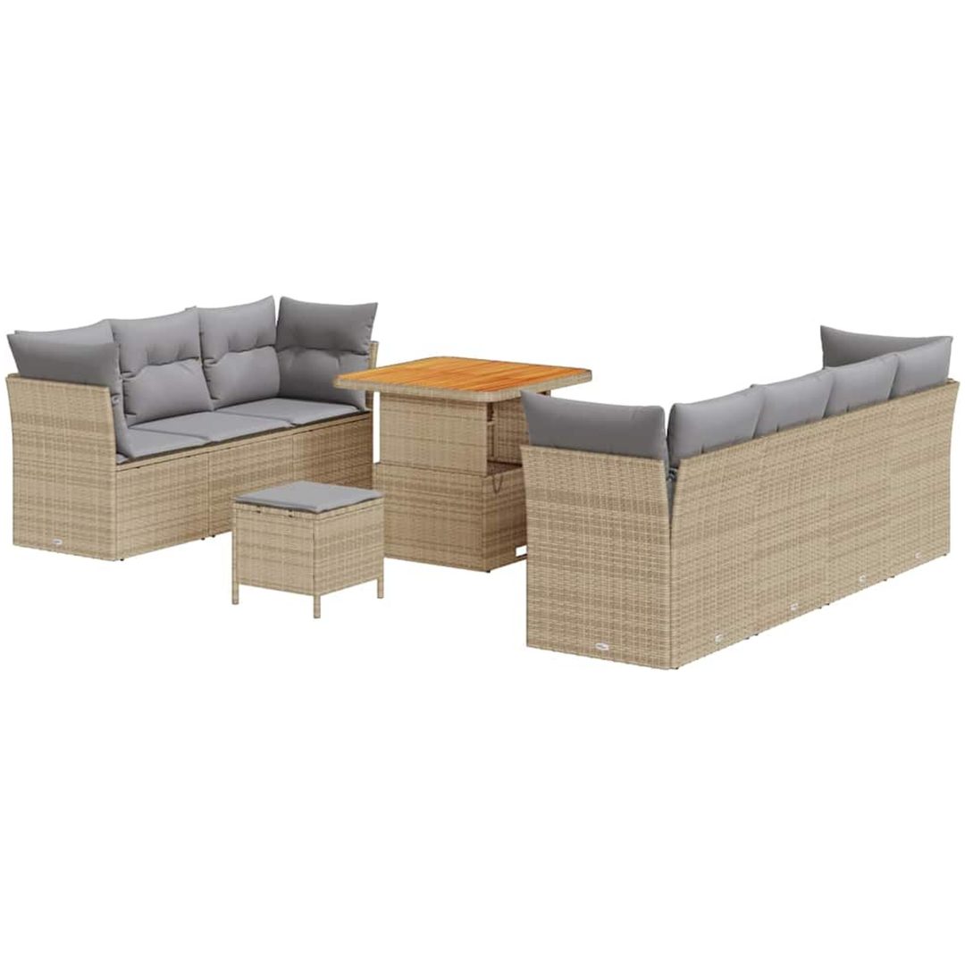 10-delars trädgårdsofabundel med kuddar beige polyrotting acacia vidaXL 2 - Sits, 3 - Sits, 80 cm – bild 2