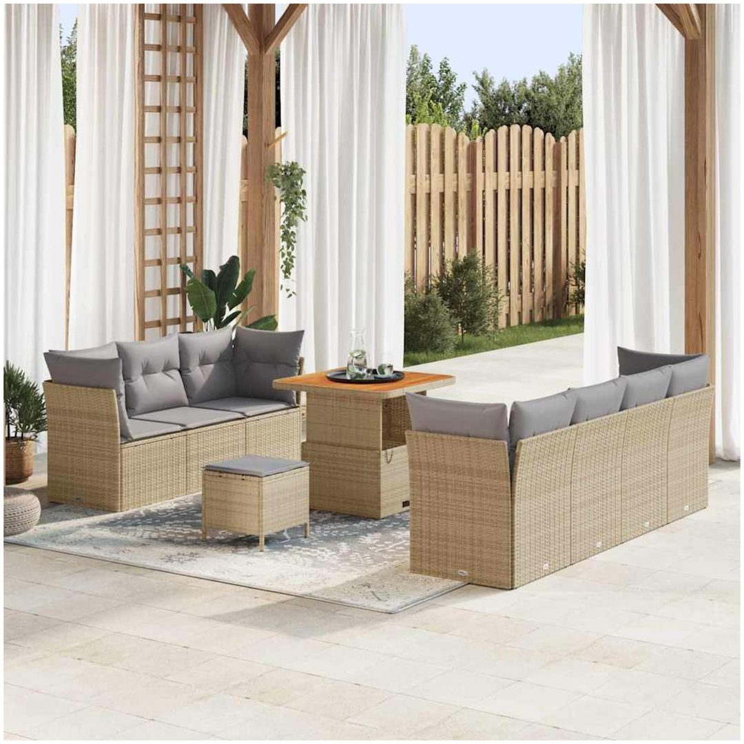 10-delars trädgårdsofabundel med kuddar beige polyrotting acacia vidaXL 2 - Sits, 3 - Sits, 80 cm