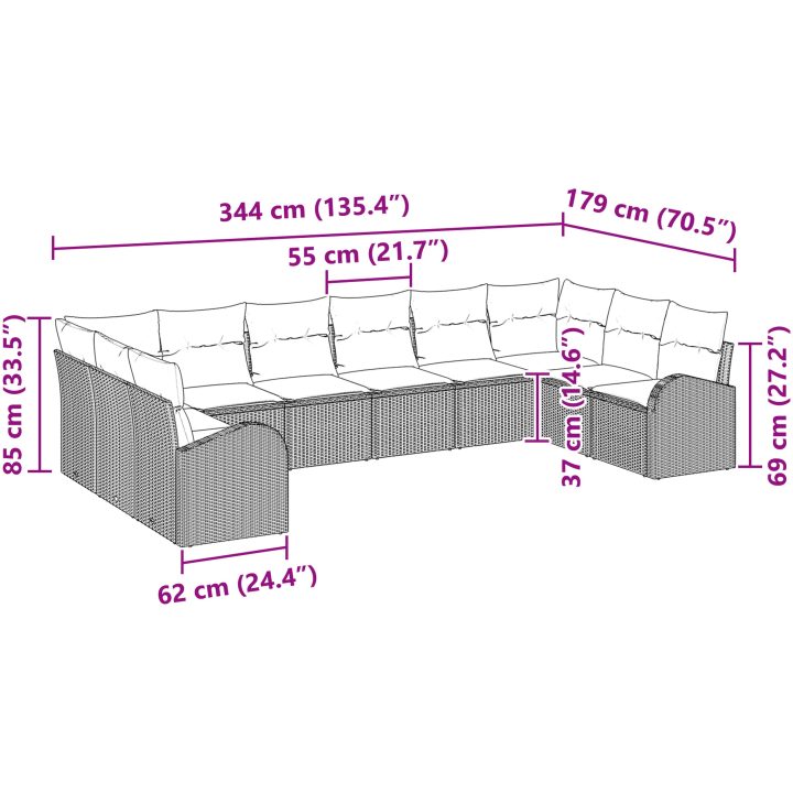 10-delars trädgårdsoff-set i svart polyrotting med kuddar vidaXL 344 x 179 x 85 cm – bild 11