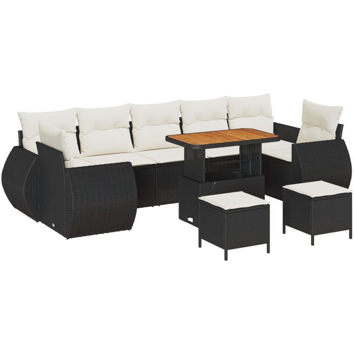 10-delars trädgårdsoff set med dynor svart poly rattan akacia vidaXL Stor – bild 2