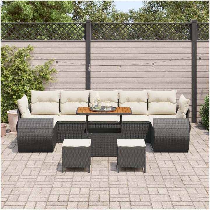 10-delars trädgårdsoff set med dynor svart poly rattan akacia vidaXL Stor – bild 3