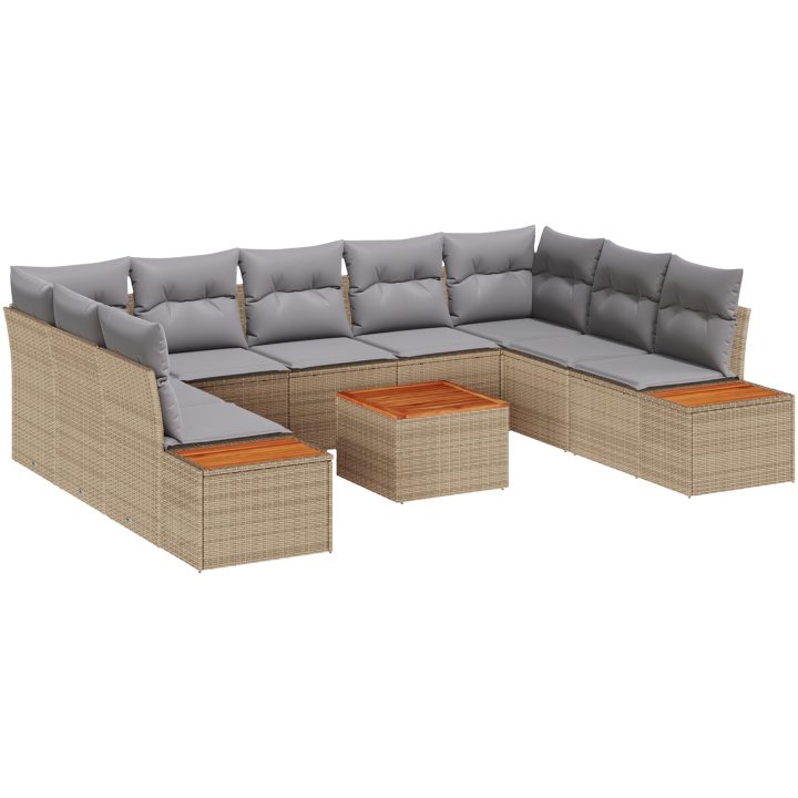 10-delars trädgårdsoff-set med kuddar - Beige konstrotting och akacia vidaXL 55 x 55 x 37 cm – bild 2