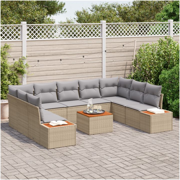10-delars trädgårdsoff-set med kuddar - Beige konstrotting och akacia vidaXL 55 x 55 x 37 cm – bild 3