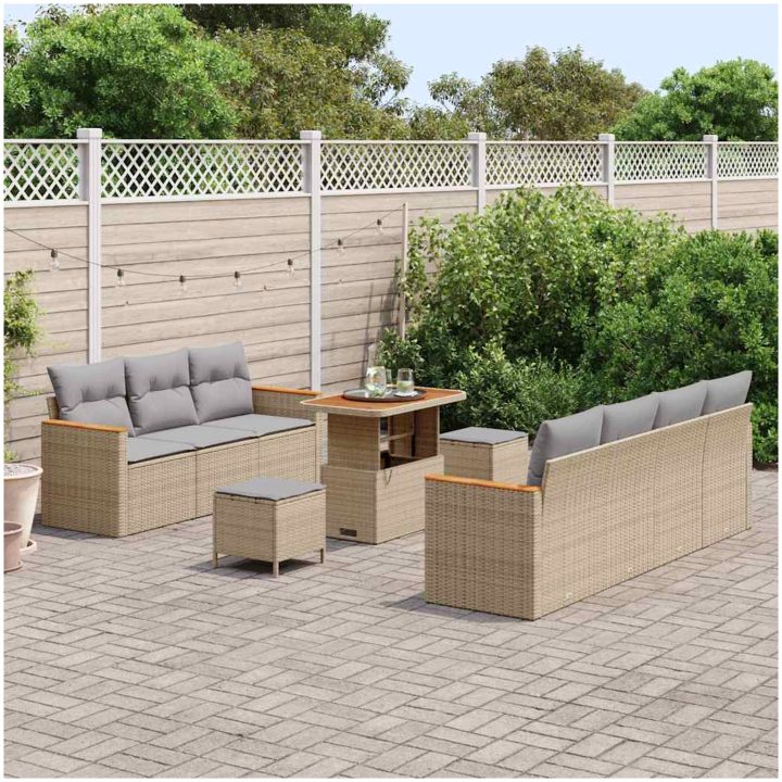 10-delars trädgårdsoff-set med kuddar Beige Poly Rattan Akacia vidaXL Stor – bild 3