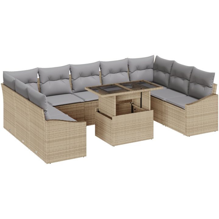 10-delars Trädgårdsoff Set med Kuddar Beige Poly Rattan vidaXL 100 x 55 x 73 cm – bild 2