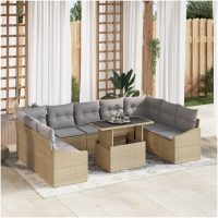 10-delars Trädgårdsoff Set med Kuddar Beige Poly Rattan vidaXL