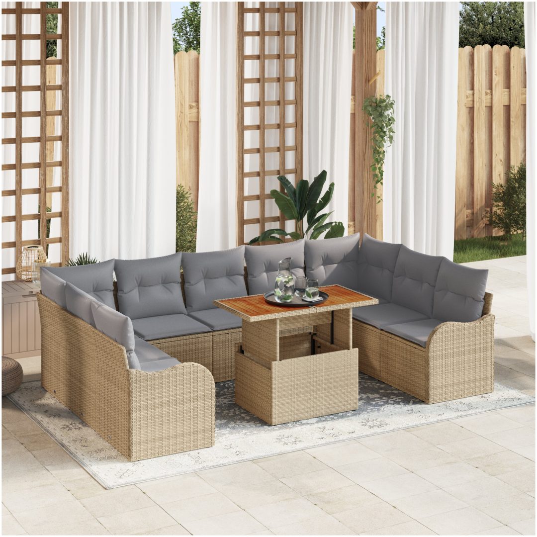 10-delars trädgårdsoff set med kuddar beige poly rotting akacia vidaXL Medium