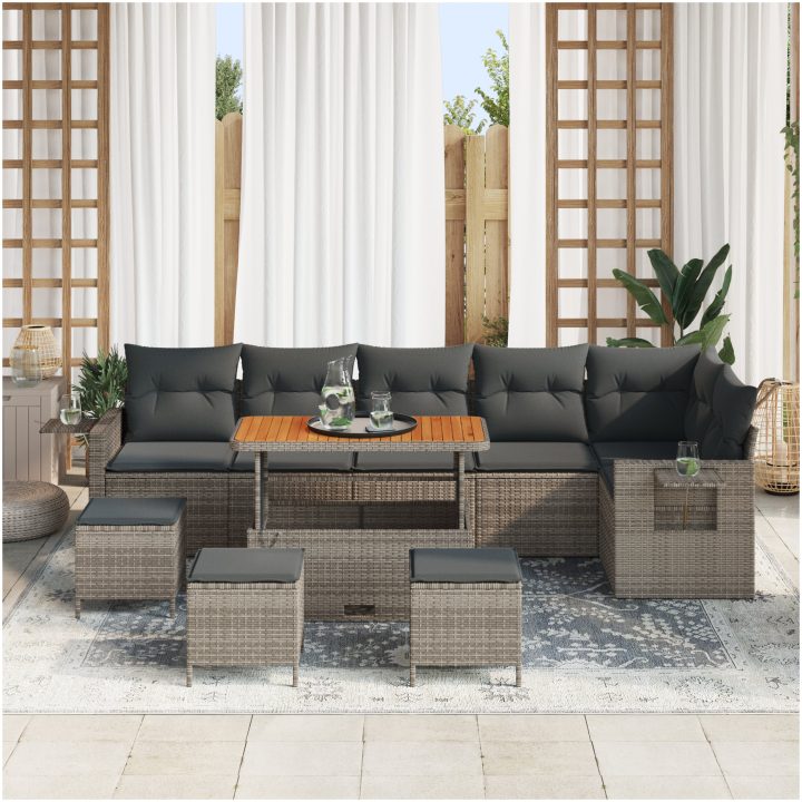 10-delars trädgårdsoff-set med kuddar grå Poly Rattan Akacia vidaXL Stor – bild 3