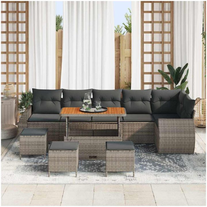 10-delars trädgårdsoff set med kuddar Grå Poly Rattan Akacia vidaXL Stor – bild 3