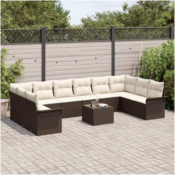 10-delars Trädgårdsoff Set med Kuddar Grå Poly Rattan vidaXL 55 x 55 x 37 cm – bild 3