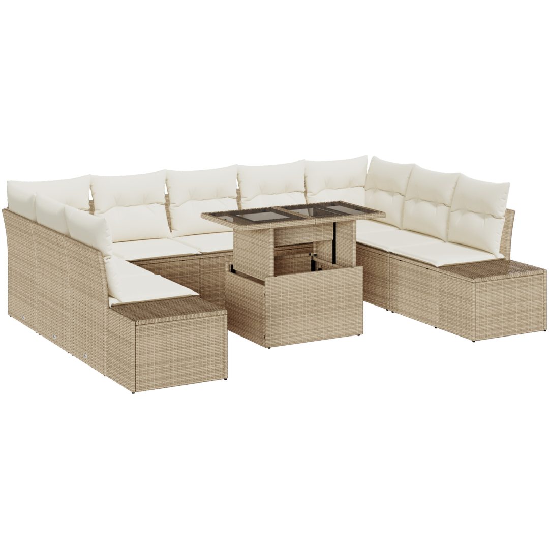 10-delars trädgårdsoff-set med kuddar i beige polyrotting vidaXL 100 x 55 x 73 cm – bild 2