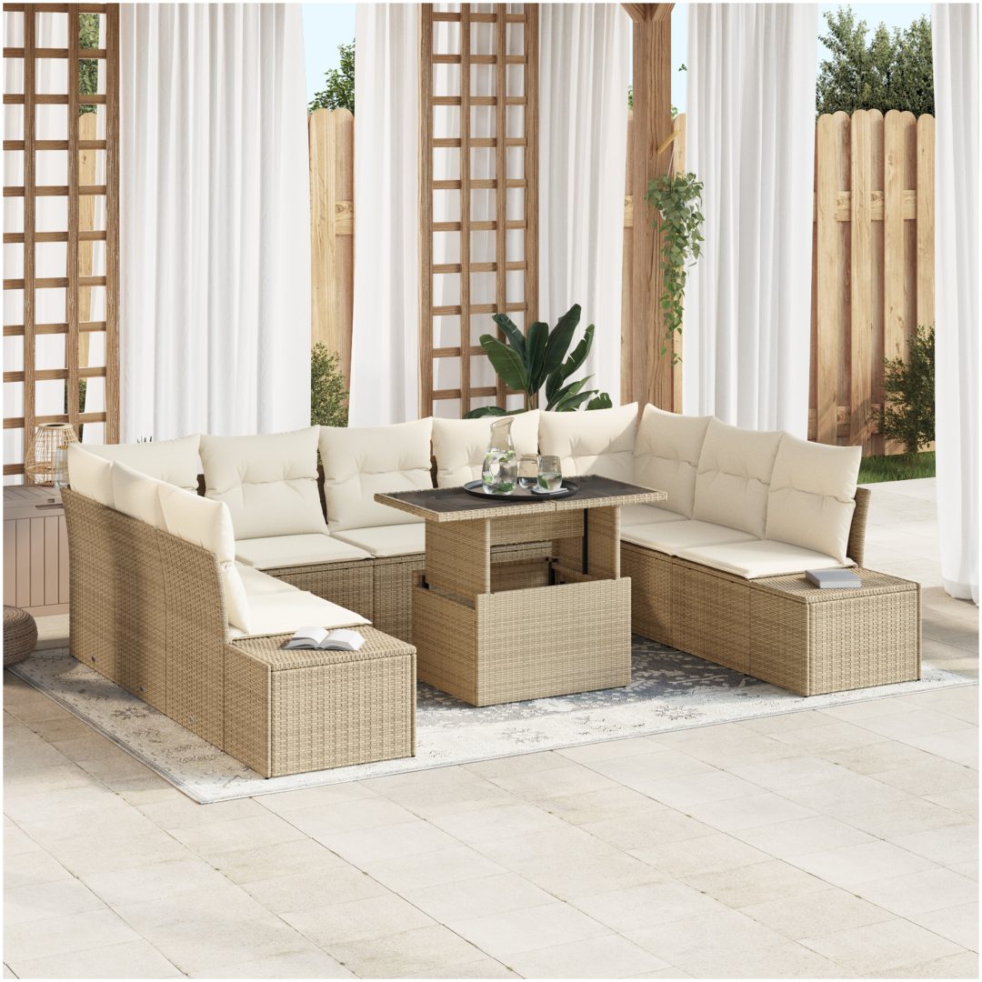10-delars trädgårdsoff-set med kuddar i beige polyrotting vidaXL 100 x 55 x 73 cm