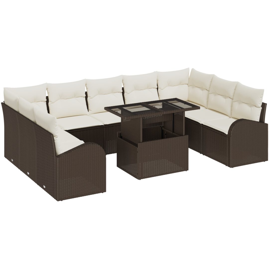 10-delars trädgårdsoff-set med kuddar i brunt poly-rattan vidaXL 100 x 55 x 73 cm – bild 2