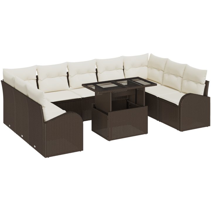 10-delars trädgårdsoff-set med kuddar i brunt poly-rattan vidaXL 100 x 55 x 73 cm – bild 2