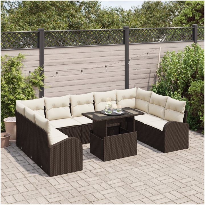 10-delars trädgårdsoff-set med kuddar i brunt poly-rattan vidaXL 100 x 55 x 73 cm – bild 3