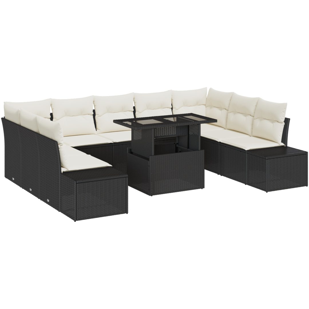 10-delars trädgårdsoff-set med kuddar i svart polyrotting vidaXL 100 x 55 x 73 cm – bild 2