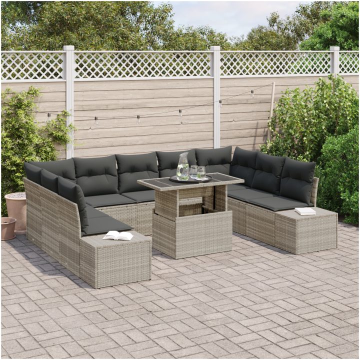 10-delars trädgårdsoff-set med kuddar, ljusgrå poly-ratt vidaXL 100 x 55 x 73 cm – bild 3