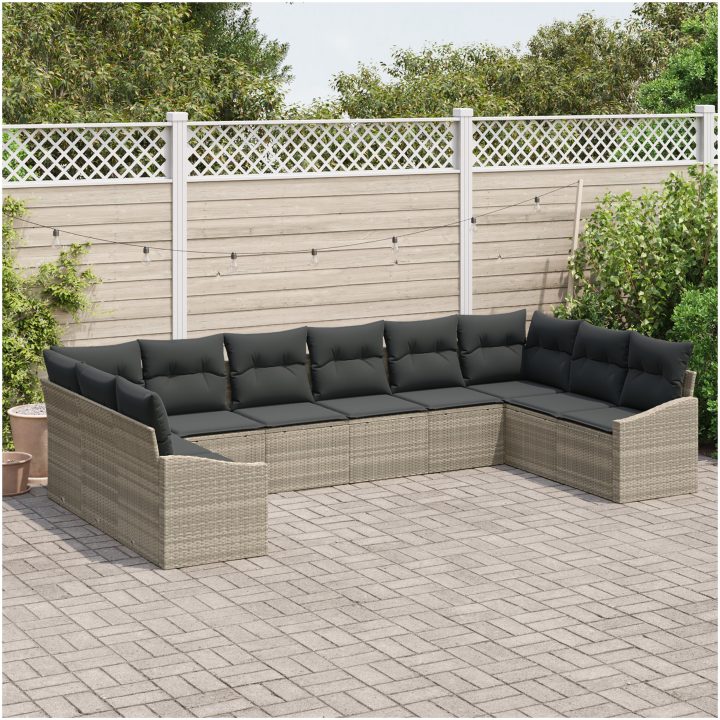 10-delars Trädgårdsoff Set med Kuddar Ljusgrå Poly-rotning vidaXL 344 x 178,5 x 85 cm – bild 3