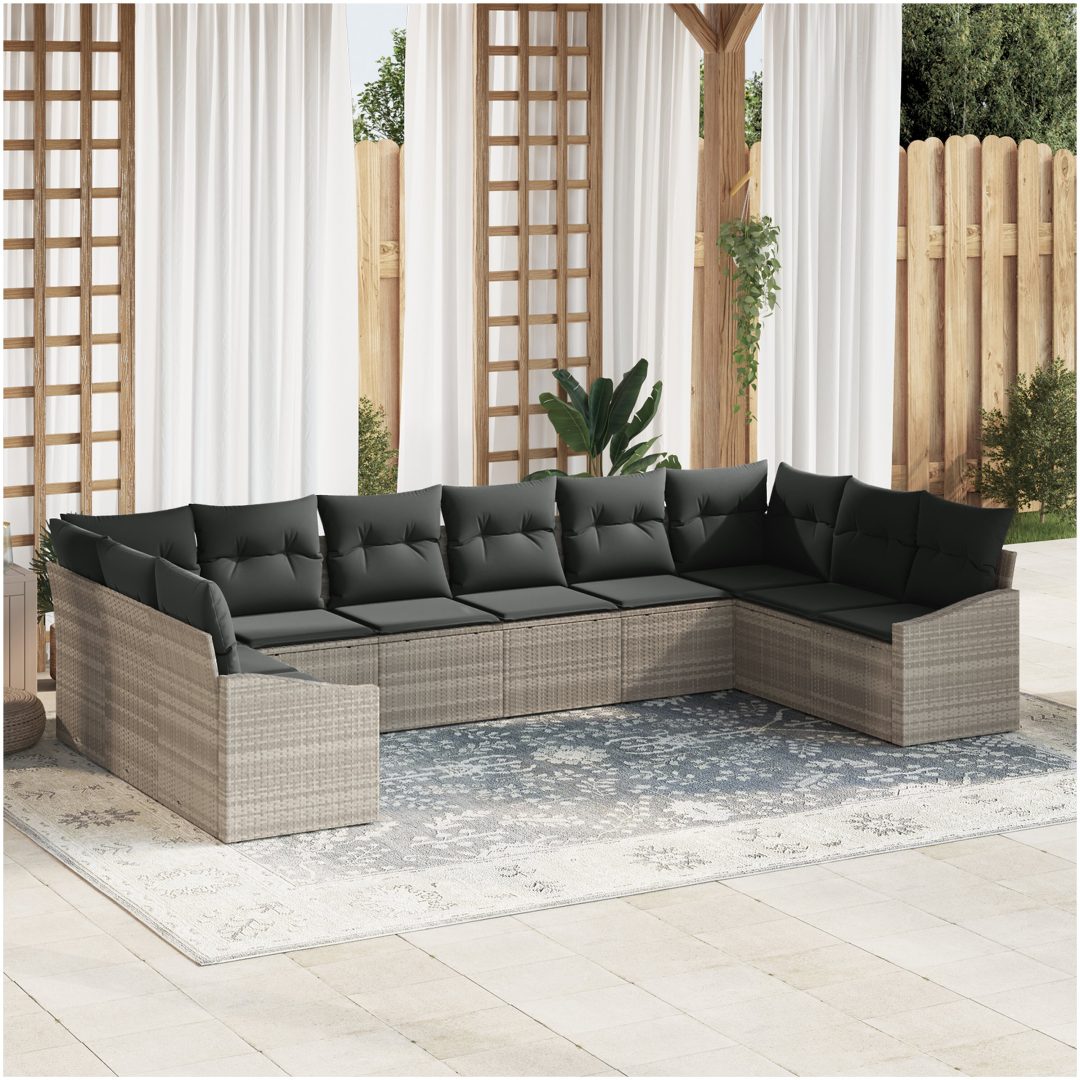 10-delars Trädgårdsoff Set med Kuddar Ljusgrå Poly-rotning vidaXL 344 x 178,5 x 85 cm