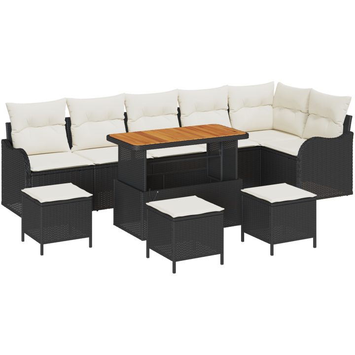 10 Delars Trädgårdsoff-set med Kuddar Svart Poly Rattan Akacia vidaXL Stor – bild 2