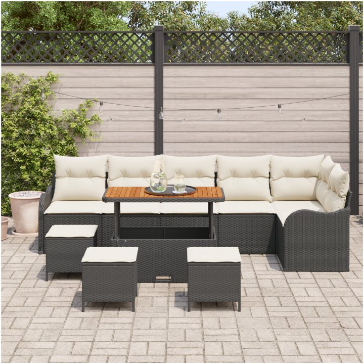 10 Delars Trädgårdsoff-set med Kuddar Svart Poly Rattan Akacia vidaXL Stor – bild 3