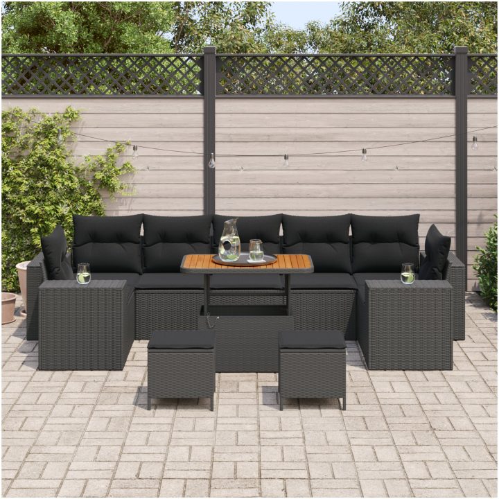 10 Delars Trädgårdsoff Set med Kuddar Svart Poly Rattan Akacia vidaXL Stor – bild 3