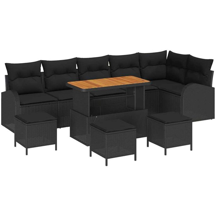 10-delars trädgårdsoff-set med kuddar svart poly rattan akacia vidaXL Stor – bild 2