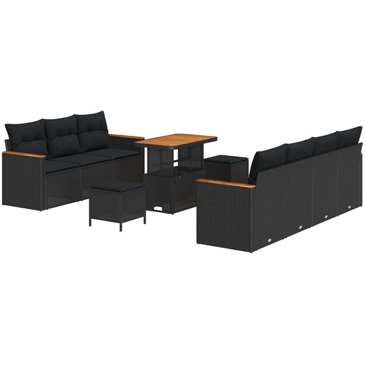 10-delars trädgårdsoff set med kuddar Svart Poly Rattan Akacia vidaXL Stor – bild 2