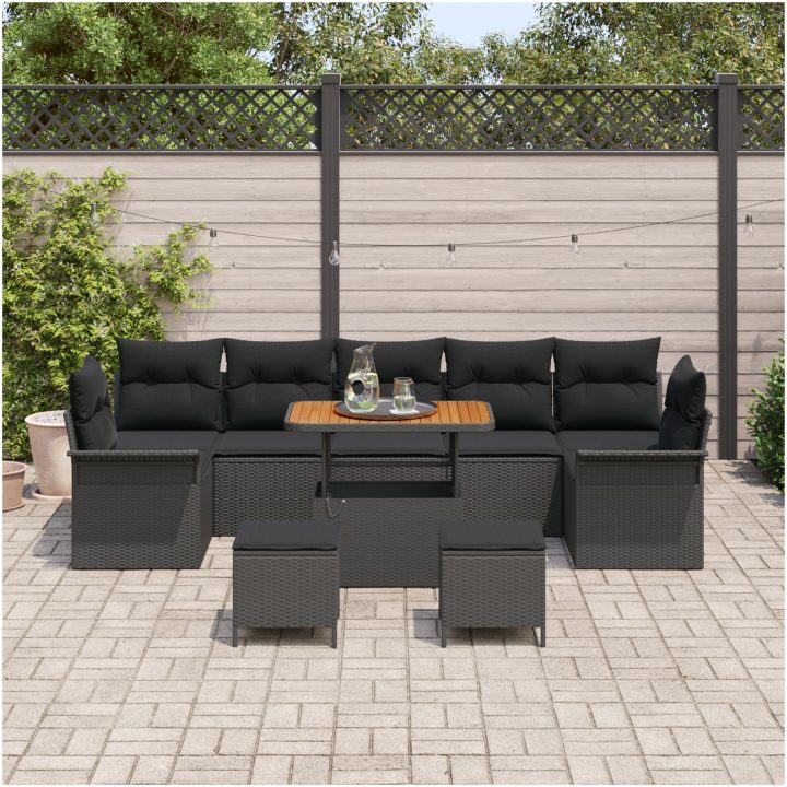 10 Delars Trädgårdsoff-set med Kuddar Svart Poly Rotting Akacia vidaXL Medium – bild 3