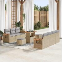 10-delars trädgårdsoffa-set med kuddar beige poly rattan akacia vidaXL