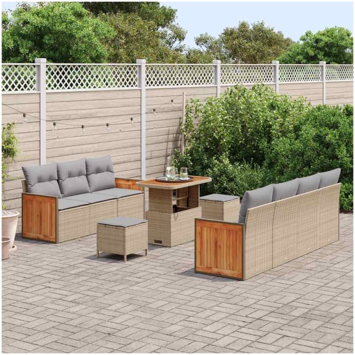 10-delars Trädgårdsoffagrupp med Kuddar Beige Poly Rattan Akacia vidaXL 4 - Sits – bild 3