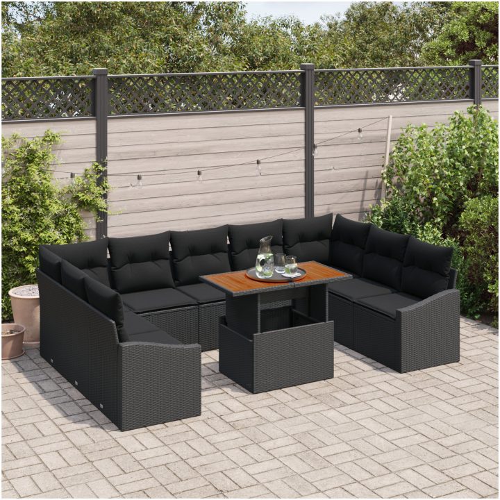 10-delars trädgårdsoffagrupp med kuddar i svart poly rattan vidaXL 100 x 55 x 73 cm – bild 3