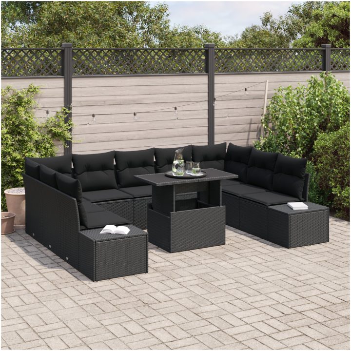 10-delars trädgårdsoffagrupp med kuddar, svart poly-rattan vidaXL 100 x 55 x 73 cm – bild 3