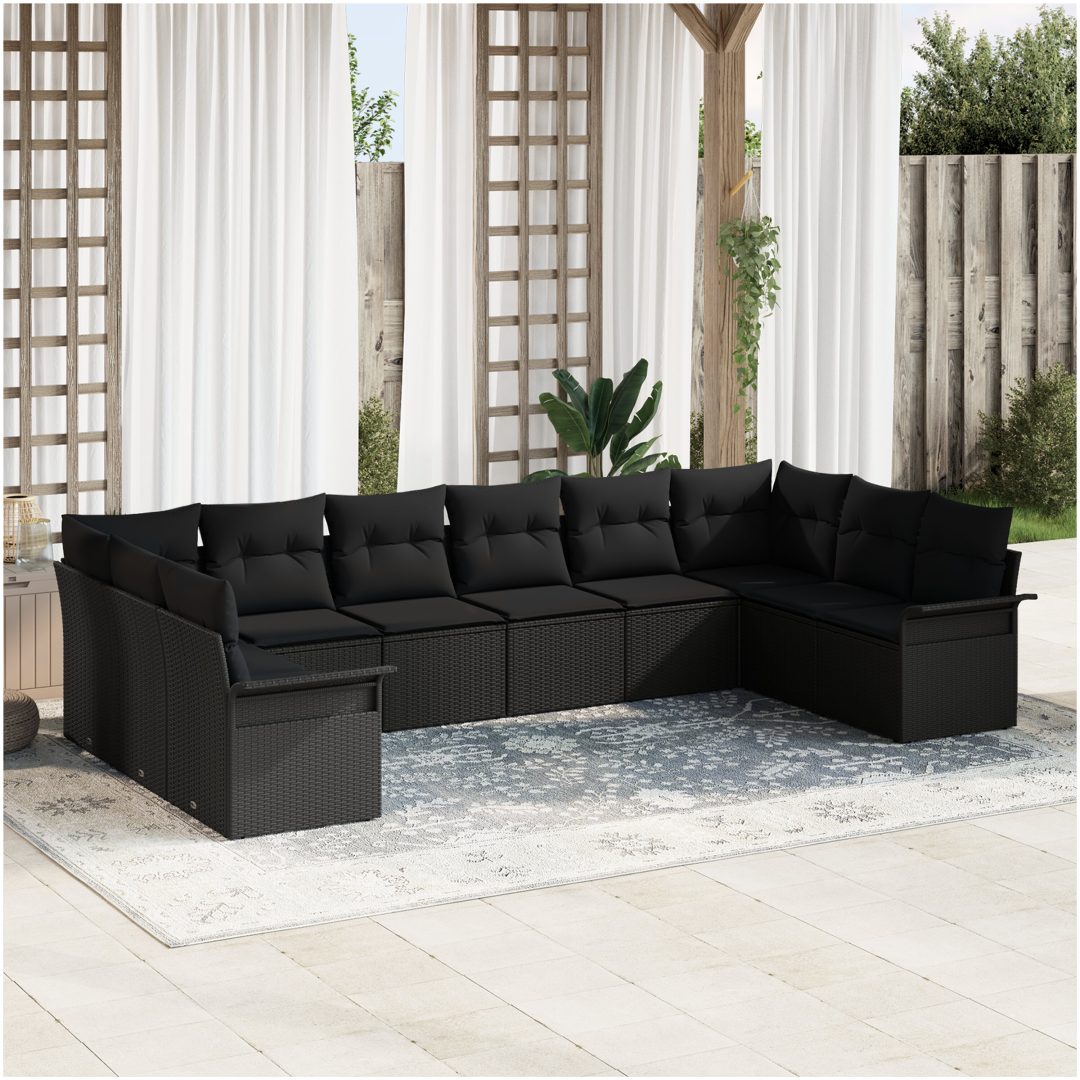 10-delars trädgårdsoffas med kuddar svart poly rattan vidaXL 344 x 187,5 x 85 cm