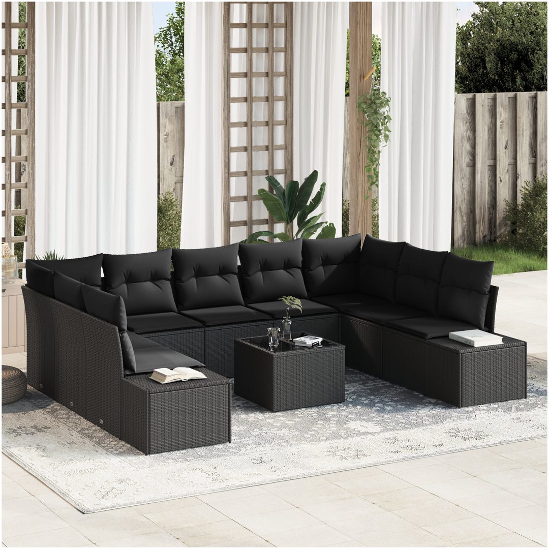 10-delars Trädgårdsoffaset med Kuddar Beige Poly Rattan vidaXL 55 x 55 x 37 cm