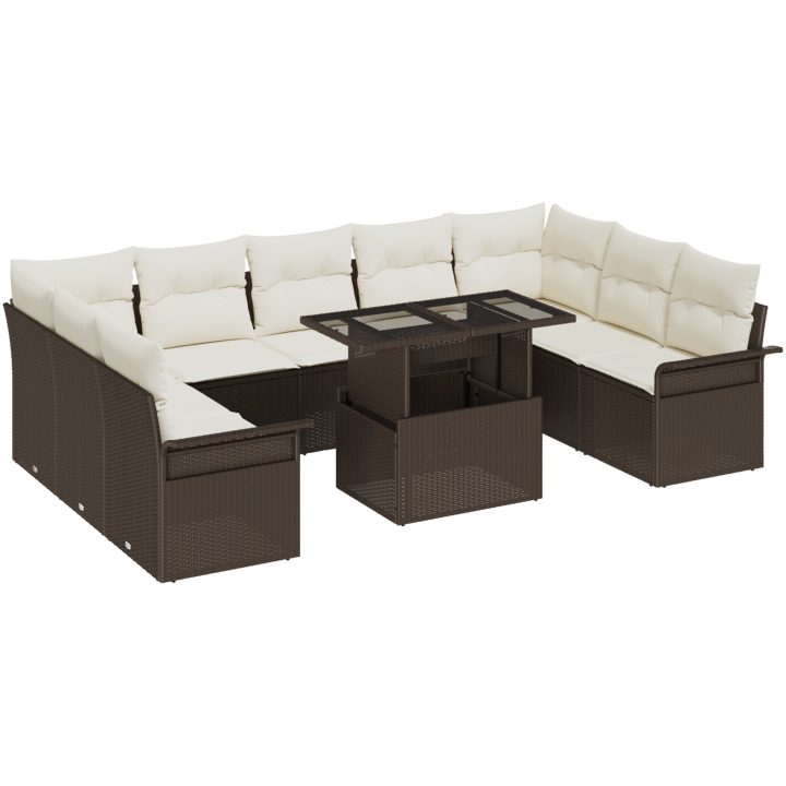 10-delars trädgårdsoffaset med kuddar brun poly rotting vidaXL 100 x 55 x 73 cm – bild 2