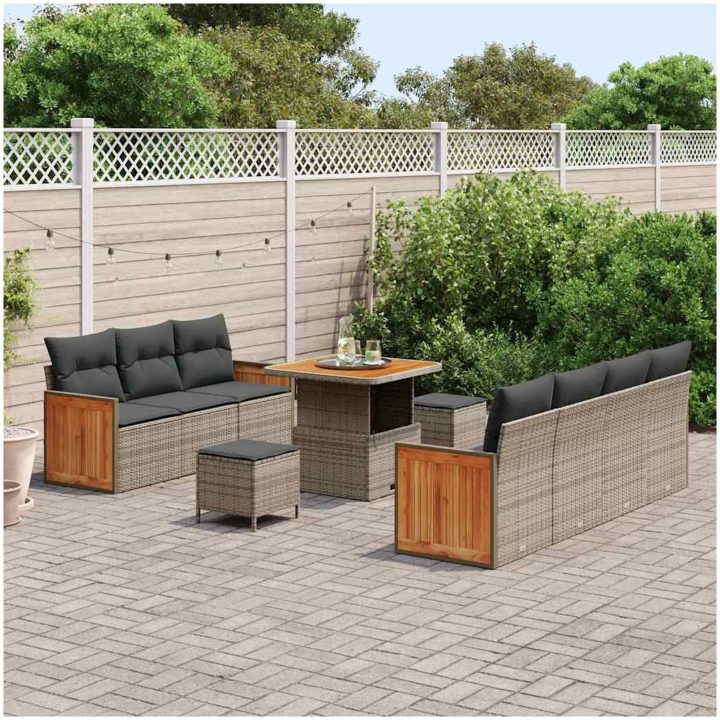 10-delars Trädgårdsoffaset med kuddar Grå Poly Rattan Acacia vidaXL Stor – bild 3