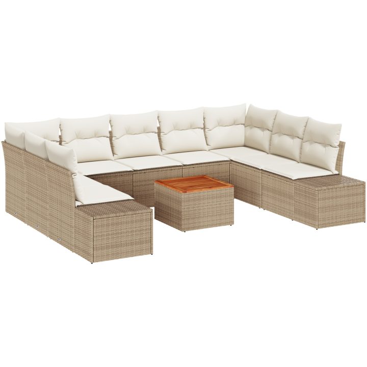 10-delars trädgårdsoffaset med kuddar i beige poly rattan och akacia vidaXL 55 x 55 x 37 cm – bild 2