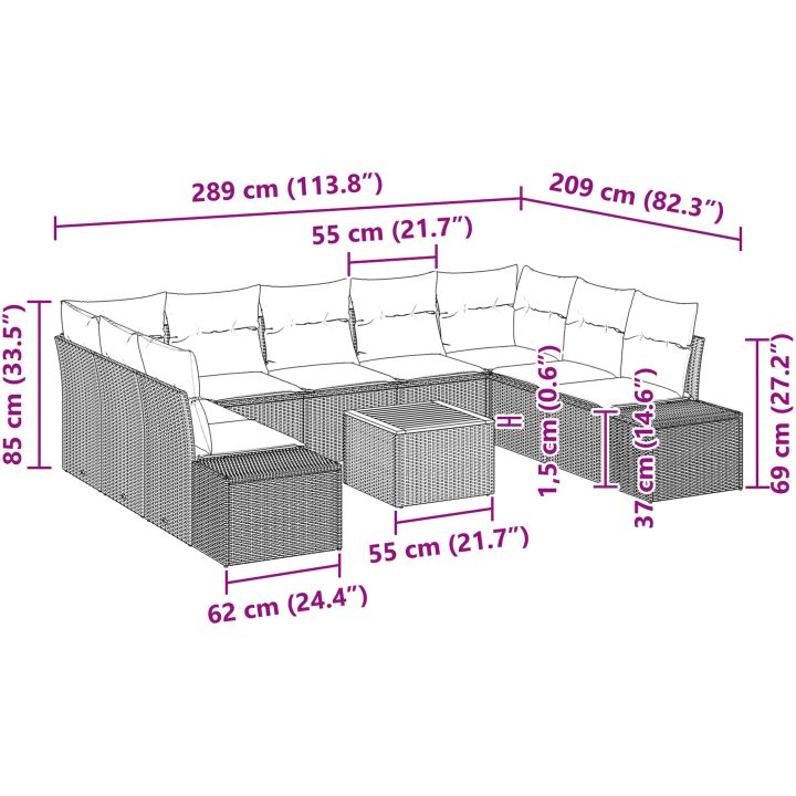 10-delars trädgårdsoffaset med kuddar i beige poly rattan och akacia vidaXL 55 x 55 x 37 cm – bild 9