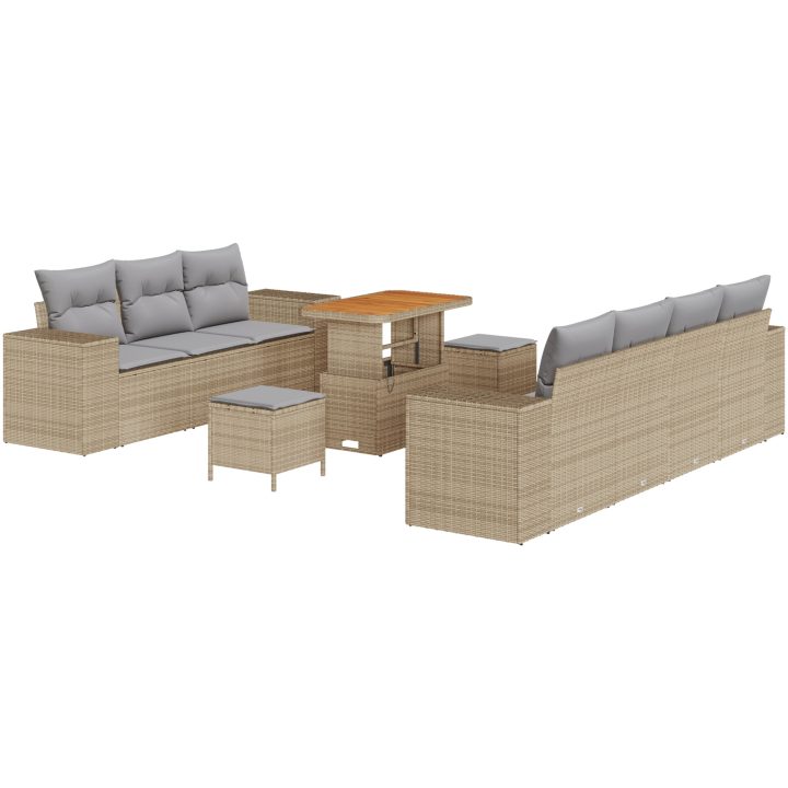 10-delars trädgårdsoffasett med kuddar beige poly rattan akacia vidaXL Stor – bild 2