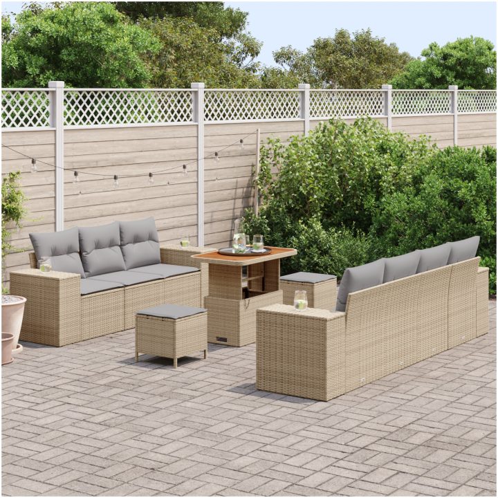10-delars trädgårdsoffasett med kuddar beige poly rattan akacia vidaXL Stor – bild 3
