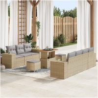 10-delars trädgårdsoffasett med kuddar beige poly rattan akacia vidaXL