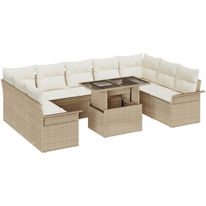 10-delars trädgårdsoffasett med kuddar i beige poly-rattan vidaXL 100 x 55 x 73 cm – bild 2