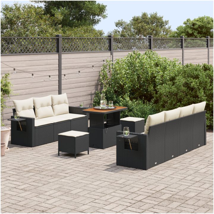 10-delars Trädgårdsoffasett med Kuddar Svart Poly Rattan vidaXL Stor – bild 3