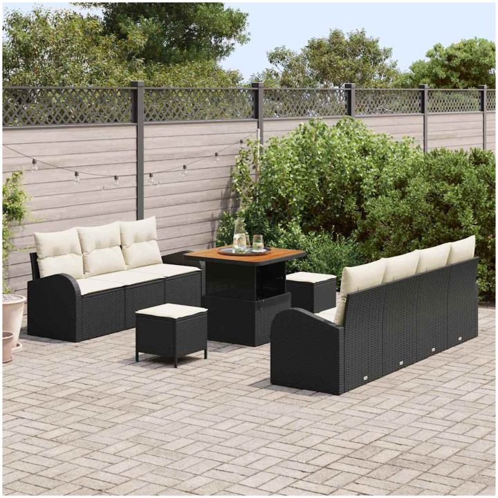 10-delars trädgårdsofferset med kuddar svart poly rattan akacia vidaXL Medium – bild 3